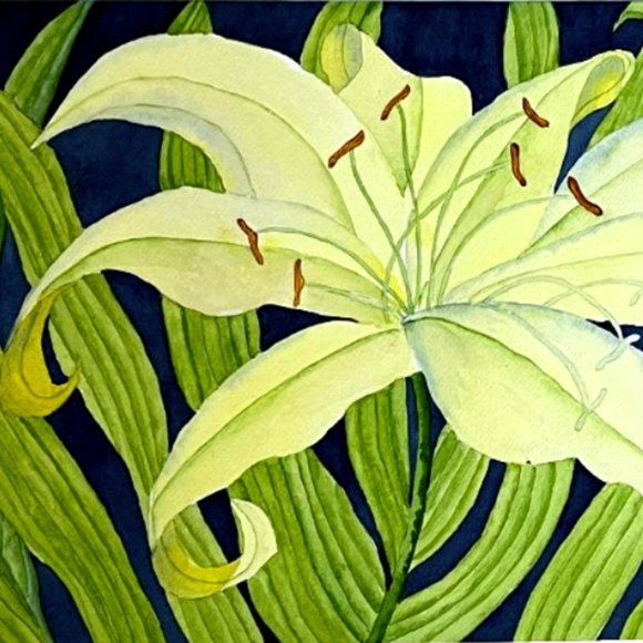 PAINTING WATERCOLOR ORIGINAL ART LILY FLOWER YELLOW GREEN BLUE 11 X14 MAT 16X20 - Picture 2 of 3